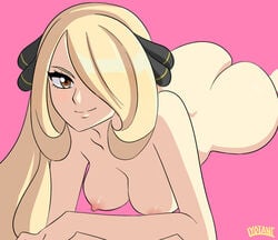 1girls 2019 2d adult adult_female artist_name artist_signature ass blonde_hair breasts brown_eyes butt_crack commentary_request cynthia_(pokemon) female female_focus female_only hair_ornament hair_over_one_eye human human_female human_only light-skinned_female light_skin long_hair looking_at_viewer lying lying_on_stomach lyotanc medium_breasts nipples no_sex pawg pink_background pink_nipples pokemon pose posing realistic_breast_size realistic_proportions round_ass simple_background smile solo solo_female solo_focus the_pose wavy_hair