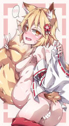 1girls animal_ear_fluff animal_ears anus ass bandaid bare_shoulders blonde_hair blush breasts eyebrows_visible_through_hair falco_arrow female flower fox_ears fox_girl fox_tail hair_between_eyes hair_flower hair_ornament hakama hakama_removed highres japanese_clothes kemonomimi kimono kitsune kitsunemimi long_sleeves looking_at_viewer looking_back miko nipples nude oerba_yun_fang open_clothes open_kimono open_mouth pregnant pussy pussy_juice red_hakama ribbon_trim senko_(sewayaki_kitsune_no_senko-san) sewayaki_kitsune_no_senko-san short_hair small_breasts solo tail tail_grab v wide_sleeves yellow_eyes yellow_hair