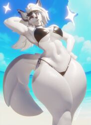 3d_(artwork) absurd_res anthro beach big_breasts bikini blender_(artwork) breasts canid canid_demon canine canis clothed clothing demon digital_media_(artwork) female hellaverse hellhound helluva_boss hi_res leodamodeler_(modeler) loona_(helluva_boss) mammal mythological_canine mythological_creature mythology solo standing swimwear thick_thighs two-piece_swimsuit valcon_(modeler) watermark wide_hips wolf