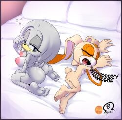 2girls age_difference anthro ass barefoot bed blaski blush breasts closed_eyes cream_the_rabbit cub echidna feet female female_only lagomorph mobian_(species) nipples nude one_eye_closed open_mouth pillow rabbit sega size_difference sleeping sonic_(series) sonic_the_hedgehog_(series) teeth tongue young zeta_r-02 zeta_the_echidna