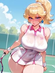 1girls ai_generated blonde_hair breasts difuxer female female_only large_breasts light-skinned_female light_skin looking_at_viewer mario_(series) nintendo princess_peach see-through solo super_mario_bros. tennis_court tennis_racket tennis_uniform thick_thighs thighs wide_hips