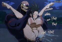 ai_generated anime_coloring anthro beach black_hair boku_no_hero_academia breasts duo female hair_up happy_sex large_breasts male mature_female momo_yaoyorozu my_hero_academia night nomu noumu_(boku_no_hero_academia) penis shiny_skin size_difference stickyai