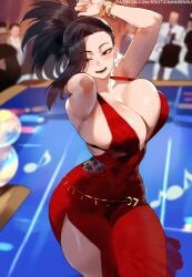 1girls ai_assisted ai_generated arms_up artist_name asymmetrical_bangs bare_shoulders big_ass big_breasts black_eyes black_hair blurry_background blush bouncing_breasts bracelet cleavage curvy dancing earrings erotic_nansensu light_skin looking_at_viewer lowres momo_yaoyorozu my_hero_academia open_mouth overflowing_breasts patreon_username ponytail red_dress side_slit smile solo student sweat teenager thick_thighs