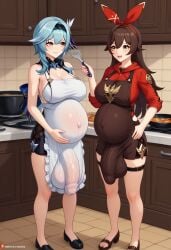 2futa 2futas ai_generated amber_(genshin_impact) apron balls_under_clothes bare_shoulders big_balls big_belly big_breasts big_penis big_testicles black_hairband blue_hair blush brown_hair bulge civitai clothed eula_(genshin_impact) eye_contact flaccid flaccid_penis full-package_futanari full_body fully_clothed futa_only futa_with_futa futanari genshin_impact hair_between_eyes hairband happy_face holding_object huge_balls huge_breasts huge_bulge huge_testicles kitchen kitchen_utensils long_hair long_sleeves looking_at_another medium_hair mizuiro01 penis_under_clothes pregnant pregnant_futa red_ribbon ribbon shorts smile smiling spatula testicles thigh_strap wife_and_wife women