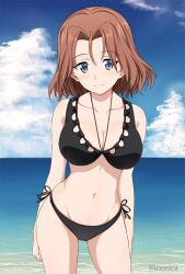 1girls arms_behind_back azumi_(girls_und_panzer) bare_arms bare_belly bare_chest bare_legs bare_midriff bare_shoulders bare_skin bare_thighs belly belly_button bikini bikini_bottom bikini_only bikini_top black_bikini black_bikini_bottom black_bikini_top black_swimsuit black_swimwear blue_eyes blue_eyes_female blue_sky blush blush blushing_female breasts breasts brown_eyebrows brown_hair brown_hair_female cleavage clouds collarbone dot_nose female female_focus female_only fingers girls_und_panzer groin high_resolution highres hourglass_figure inoshira leaning_forward legs light-skinned_female light_skin looking_at_viewer medium_breasts naked naked_female navel necklace nude nude_female ocean outdoors parted_bangs pussy sea seaside short_hair shoulders side-tie_bikini sky slender_body slender_waist slim_girl slim_waist smile smiling smiling_at_viewer solo standing swimsuit swimwear thick_thighs thighs thin_waist upper_body v-line water wide_hips