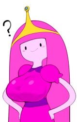 adventure_time big_breasts breasts bulumble-bee cartoon_network crown curious dressed hair long_hair looking_at_viewer pink_dress pink_hair pink_skin princess_bubblegum simple_background smile tagme tiara warner_brothers white_background