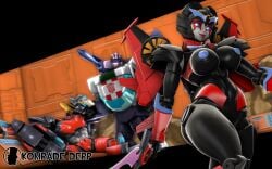 1boy 1girls 3d 3d_(artwork) artist_name big_breasts blue_eyes blue_nipples breasts female huge_breasts komradederp large_breasts male mechanical_wings nipples red_lipstick robot robot_boy robot_girl robot_humanoid thick_thighs transformers trawert wheeljack windblade wings