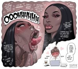 1female 1futa 1girls :>= ahe_gao ahegao ahegao_face annabelle_(fellatrix) annabelle_steele black_hair dark-skinned_futanari dreaming fantasizing fellatrix female futanari implied_futanari nayeli_(fellatrix) orgasm_face red_eyes saliva saliva_drip sweat tongue_out