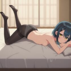 1female 1girls ai_generated ass blue_hair blue_hair_female breasts commentary_request demens_kippy english_commentary female female_only laying laying_down laying_on_bed laying_on_stomach legs_up mole mole_under_eye seiyuu_radio_no_ura_omote small_breasts solo solo_female watanabe_chika yellow_eyes yellow_eyes_female