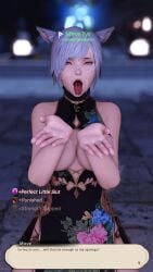 1girls 3d after_oral animal_ears aqua_hair bare_arms blue_eyes blurry_background breasts china_dress choker collar cum cum_on_face cupping_hands debuff english english_text facial female final_fantasy_xiv floral_print gameplay_mechanics gpose(ffxiv) healslut humiliation light-skinned_female light_skin lips meve_xiv miqo'te open_mouth short_hair sleeveless status_effect submissive submissive_female tagme title_drop tongue tongue_out turned_submissive waiting_for_cum