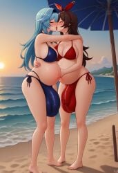 2futa 2futas ai_generated amber_(genshin_impact) arm_around_waist balls_bigger_than_penis balls_under_clothes barefoot beach beach_umbrella big_balls big_belly big_breasts big_penis big_testicles bikini black_hairband blue_bikini blue_hair blush brown_hair bulge civitai collarbone day eula_(genshin_impact) exposed_pregnant_belly flaccid flaccid_penis french_kiss french_kissing full-package_futanari full_body futa_only futa_with_futa futanari genshin_impact hair_between_eyes hairband hand_on_another's_waist hand_on_hip hand_on_stomach huge_balls huge_breasts huge_bulge huge_testicles kissing long_hair looking_at_viewer medium_hair mizuiro01 navel nipples ocean open_mouth outdoors penis_under_clothes pregnant pregnant_futa red_bikini red_ribbon ribbon sand side-tie_bikini_bottom side-tie_bikinikiss sky smile standing swimsuit testicles tongue_out uncensored underwear wife_and_wife women