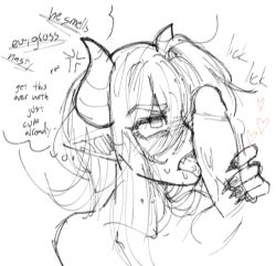 angry anonymous_artist blush disgusted drawn elf_ears frown hate_sex licking_penis oc original_character penis succubus succubus_horns sweating