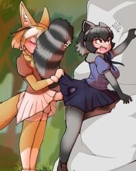 1futa 1girls 2024 animal_ears animal_humanoid arai-san balls blonde_hair blush bodily_fluids bottomwear bow_tie breasts canid canid_humanoid canine canine_humanoid clothed clothing common_raccoon_(kemono_friends) cum cum_in_clothes cum_on_ass cum_on_clothing cum_on_thigh digital_drawing_(artwork) digital_media_(artwork) duo ejaculation_under_clothes erection erection_under_clothes erection_under_skirt female fennec_(kemono_friends) fennec_fox_(kemono_friends) fennec_humanoid fox_humanoid fully_clothed fur futa_on_female futanari genital_fluids genitals grey_body grey_fur haha hair herm hi_res huge_cock humanoid humanoid_penis intersex intersex/female kemono_friends kemonomimi light-skinned_female light-skinned_futanari light_skin mammal mammal_humanoid masturbation mostly_clothed nachan open_mouth penis procyonid procyonid_humanoid raccoon raccoon_humanoid shaded shirt short_hair signature skirt sniffing standing stealth_cumshot stealth_masturbation striped_tail tail tail_hug topwear unaware