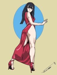 1girls artist_signature back_to_viewer black_hair blue_eyes dress female female_only fully_clothed high_heels ironsiderodger kill_la_kill kiryuuin_satsuki legs light-skinned_female light_skin long_dress long_legs red_dress red_high_heels solo