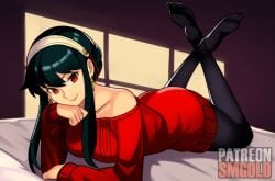 1girl 1girls ass black_hair breasts clothed clothing crossed_ankles earrings feet_up hairband jewelry leggings legs_up long_hair looking_at_viewer lying on_bed on_stomach red_clothing red_eyes sidelocks smgold smile soles solo spy_x_family tagme the_pose toes yor_briar yor_forger