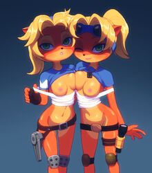 2girls belt blonde_hair breasts clone coco_bandicoot convenient_censoring crash_bandicoot_(series) crash_mind_over_mutant flashlight furry goggles green_eyes kempferzero multiple_girls nipples no_humans one_eye_closed shirt_lift tool_belt tools