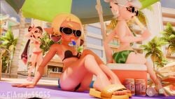 3d agent_4_(splatoon) beach beach_chair bikini black_hair callie_(splatoon) elasado55055 female female_focus female_only inkling inkling_girl marina_(splatoon) popsicle splatoon splatoon_2 sunglasses tan_body umbrella white_hair yellow_eyes yellow_hair