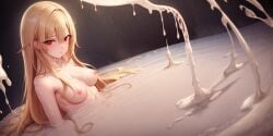 ai_generated blonde_hair covered_in_cum cum cum_bath female medium_breasts original_character partially_submerged red_eyes solo xursedwinter