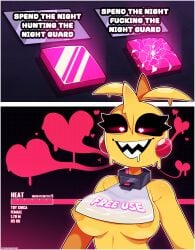 1girls 2d 2d_(artwork) animatronic big_breasts breasts breath_cloud crazy_eyes english_text female five_nights_at_freddy's five_nights_at_freddy's_2 glowing_eyes heart-shaped_pupils heart_symbol highres meme meme_reference nipple_slip nipples robot robot_girl saliva sharp_teeth sheerly sweat sweating text toy_chica_(fnaf) yellow_body