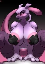 2024 anthro areola big_breasts breasts clothing digital_media_(artwork) duo eyebrows female generation_1_pokemon genitals hi_res huge_breasts legendary_pokemon legwear mewtwo mostly_nude nintendo non-mammal_breasts pasties pokemon pokemon_(species) pussy running_mascara runny_makeup simple_background solo_focus spread_legs spreading taharon tail