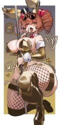 animal_ears breasts_bigger_than_head brown_hair crr001 detached_collar drill_hair fishnets heart jiggle large_thighs money_under_clothes not_ai_generated playboy_bunny pointing_at_mouth stripper stripper_pole thighs_bigger_than_head tongue tongue_out top_hat touhou yellow_eyes yorigami_jo'on