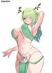 1girls 2d armpits arms_up belly_dancer belly_dancer_outfit big_breasts blush breasts ceres_fauna dopeybunni eyebrows_visible_through_hair eyes_visible_through_hair female female_only flower flower_in_hair green_clothing green_hair green_nails hair_ornament hololive hololive_english hololive_english_-council- hololive_english_-promise- horns large_breasts light-skinned_female light_skin long_hair nail_polish navel simple_background solo standing thighs virtual_youtuber vtuber yellow_eyes