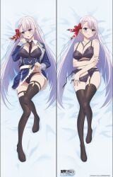 bare_arms bare_shoulders blue_eyes blush bra breasts dakimakura dakimakura_design earrings embarrassed feet garter_belt garter_straps hand_in_panties jacket long_hair mouth_closed official_art open_mouth panties riselia_ray_crystalia seiken_gakuin_no_maken_tsukai skirt_lifted_by_self smile thighhighs thighs underwear white_hair