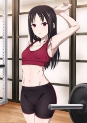 1girls armpits arms_behind_head bare_arms bare_belly bare_legs bare_midriff bare_shoulders bare_skin bare_waist belly belly_button black_hair black_hair_female black_shorts bra breasts breasts cleavage collarbone dot_nose dumbbell elbows female female_focus female_only fingernails fingers groin hands_behind_head high_resolution highres inoshira kaguya-sama_wa_kokurasetai_~tensai-tachi_no_renai_zunousen~ legs light-skinned_female light_skin long_hair looking_at_viewer naked naked_female navel nude nude_female open_mouth open_mouth_smile parted_bangs petite petite_body petite_breasts petite_female petite_girl pussy red_eyes red_eyes_female red_sports_bra shinomiya_kaguya shoulders sideboob sidelocks slender_body slender_waist slim_girl slim_waist small_breasts smile smiling smiling_at_viewer solo sports_bra sports_shorts sportswear standing student teenage_girl teenager thick_thighs thighs thin_waist underboob upper_body v-line waist white_background wide_hips wooden_floor