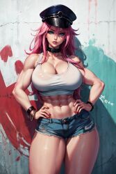 1girls abs ai_generated big_breasts bimbo bimbo_body blue_eyes breasts capcom cleavage collar crop_top denim_shorts female female_only final_fight graffiti hands_on_hips jean_shorts large_breasts long_hair looking_at_viewer microshorts midriff navel painted_nails peaked_cap pink_hair poison_(final_fight) self-upload solo solo_female stable_diffusion street_fighter street_fighter_iv tampopo tank_top thighs toned toned_female wall