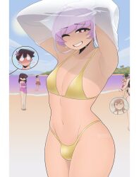 2boys 4girls beach bikini bulge exqmaster femboy hands_behind_head komi-san_wa_komyushou_desu komi_shouko osana_najimi smiling sweat tadano_hitohito thick_thighs