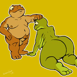 1:1 amphibian anthro ass bald balls belly boardom breasts duo erection frog green_skin hi_res male moobs navel non-mammal_breasts overweight penis slightly_chubby soles