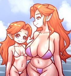 2girls age_difference beach belly_button bikini blue_eyes cleavage cremia elf elf_ears elf_female female female_only huge_breasts majora's_mask meme mossyfroot mother_daughter_boob_envy_(meme) navel pointy_ears red_hair romani sisters size_difference swimsuit tan_skin the_legend_of_zelda wide_hips