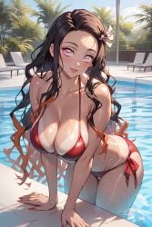 ai_generated bent_over big_ass big_breasts big_butt bikini black_hair blush breasts breasts_bigger_than_head demon_girl demon_slayer hanging_breasts horny hourglass_figure huge_ass huge_breasts huge_butt imminent_sex kamado_nezuko kimetsu_no_yaiba leaning_forward long_hair multicolored_hair nezuko_kamado pink_eyes pool presenting_breasts pressing_breasts_together rcally red_bikini ribbon tanline thick_thighs thighs wide_hips