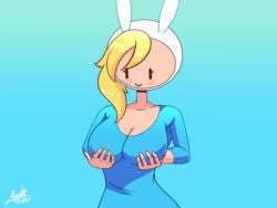 adventure_time animated animated_image aonoexorcist100 blue_background bouncing_breasts bunny_girl cartoon_network fionna_the_human_girl tagme warner_brothers yellow_hair