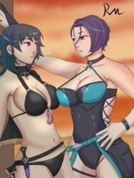 2girls armpits asymmetrical_docking bare_arms bare_thighs beach bikini black_bikini black_one-piece_swimsuit black_swimsuit blue_eyes breast_press breasts byleth_(female)_(summer)_(fire_emblem) byleth_(fire_emblem) byleth_(fire_emblem)_(female) cleavage female female_only fire_emblem fire_emblem:_three_houses fire_emblem_heroes hair_between_eyes hiryuu324 knife large_breasts looking_at_another medium_hair multiple_girls nintendo ocean one-piece_swimsuit outdoors shamir_nevrand shamir_nevrand_(summer) short_hair sideboob sunset swimsuit teal_hair thighs yuri