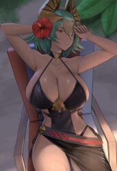 1girls alternate_costume beach beach_chair black_one-piece_swimsuit black_swimsuit breasts cleavage dark-skinned_female dark_skin fire_emblem fire_emblem_heroes flower foliage gold_horns gradient_hair green_hair hair_flower hair_ornament hibiscus highres huge_breasts laegjarn_(fire_emblem) laegjarn_(summer)_(fire_emblem) lips looking_at_viewer multicolored_hair nintendo official_alternate_costume one-piece_swimsuit orange_hair outdoors red_eyes sand sarong see-through shade short_hair shou_illust side-tie_swimsuit sideboob sitting solo sunbathing swimsuit