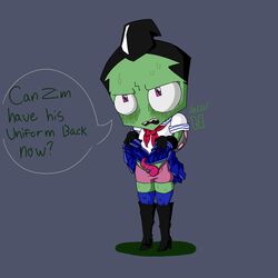 1boy alien alien_penis blush crossdressing invader_zim irken male_only penis presenting_penis school_uniform skirt_lift smooth_skin solo_male zim