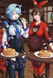 2futa 2futas :d ai_generated amber_(genshin_impact) balls_bigger_than_penis balls_under_clothes big_balls big_belly big_breasts big_penis big_testicles black_hairband blue_hair blush breakfast brown_hair bulge civitai clothed covered_navel dining_room eula_(genshin_impact) flaccid flaccid_penis full-package_futanari fully_clothed futa_only futa_with_futa futanari genshin_impact hair_between_eyes hairband happy_face holding huge_balls huge_breasts huge_bulge huge_testicles long_hair long_sleeves medium_hair mizuiro01 necktie one_eye_closed open_mouth pancake penis_under_clothes plate pregnant pregnant_futa red_ribbon ribbon standing table testicles thighhighs wife_and_wife women