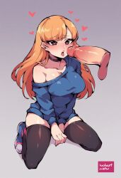 1boy 1girls ai_generated bangs big_breasts big_penis black_thighhighs blonde_hair bobartnsfw busty choker disembodied_penis female floating_penis heart heart-shaped_pupils kneeling kneeling_oral_position long_hair looking_at_penis male open_mouth simple_background spread_legs stable_diffusion sweater thighhighs tongue_out watermark