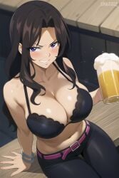 1girls ai_generated alcohol arm_support bare_shoulders beer beer_mug belt big_breasts black_bra black_pants blush bra bracelet breasts brown_hair cana_alberona cleavage collarbone drink drinking_glass drunk fairy_tail foam holding holding_cup jewelry lace-trimmed_bra large_breasts long_hair looking_at_viewer mug navel pants purple_eyes sitting smile smirk snazzdaz snazzle solo solo_focus stable_diffusion teeth thick_thighs watermark wavy_hair