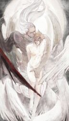 2boys arms_behind_back blonde_hair carrying carrying_person clenched_teeth closed_eyes cloud_strife commentary completely_nude feathered_wings final_fantasy final_fantasy_vii flying fui_(fui29493452) grey_hair hair_slicked_back hand_on_another&#039;s_crotch highres knee_up long_hair looking_at_another male_focus multi_wing multiple_boys muscular muscular_male navel nipples nude parted_lips safer_sephiroth sephiroth short_hair size_difference smile spiked_hair teeth white_wings wings yaoi