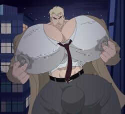 1boy abs bara_tits belt big_bulge big_chest big_pecs blonde_hair breastmilk bulge cigarette cleavage dc dc_comics gigantic_chest gigantic_pecs huge_bulge huge_chest huge_pecs john_constantine justice_league justice_league_dark lactating lactation lactation_through_clothes lactation_without_expressing looking_at_viewer macro macrophilia male male_cleavage male_lactation male_only male_with_breasts milk milk_stain moobs muscle_slut muscular muscular_male nipple_tweak nipples pale-skinned_male pecs sajoker solo solo_male stained_clothes stained_shirt thick_thighs tie