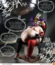 1boy 1girls 3d batman_(series) bbw breasts chair cinnasticks dc dc_comics fat feederism feeding_tube female force_feeding forced_weight_gain harley_quinn male nipples overweight the_joker tube_feeding weight_gain