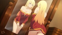 1girls alternative_costume artist_logo ass back back_view bare_legs bare_shoulders bare_thighs big_breasts blonde_hair blue_eyes breasts cleavage clothing collarbone cosplay darkness_(konosuba) female female_only hair keihh kono_subarashii_sekai_ni_shukufuku_wo! long_hair megumin_(cosplay) mirror mirror_reflection nopan red_shirt short_dress small_clothes smile solo solo_female