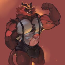 1:1 1boy abs anthro bulge erection feline flexing fur furry hair hi_res huge_penis huge_testicles humanoid_penis incineroar looking_at_viewer male male_only mammal muscular muscular_male nintendo nipple_piercing nipples pecs penis penis_out piercing pokémon_(species) pokemon pokemon_sm red_fur simple_background solo tail teeth testicles thick_thighs ursso_(artist) video_games wide_hips