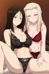 2girls arm_support bare_arms bare_belly bare_chest bare_legs bare_midriff bare_shoulders bare_skin bare_thighs belly belly_button black_bra black_hair black_hair_female black_lace_panties black_panties black_underwear blonde_female blonde_hair blonde_hair blonde_hair_female blue_eyes blue_eyes_female blush blush blushing_at_viewer blushing_female bra breasts breasts clara_(girls_und_panzer) cleavage collarbone dot_nose elbows female female_focus female_only fingernails fingers girls_und_panzer gradient_background groin hand_on_another's_thigh hand_on_another's_waist hand_on_thigh hand_on_waist high_resolution highres inoshira knees lace_bra lace_panties lace_underwear laced_bra laced_panties laced_underwear large_breasts legs light-skinned_female light_skin long_hair looking_at_viewer medium_breasts multiple_girls naked naked_female navel nonna nonna_(girls_und_panzer) nude nude_female panties parted_bangs pussy red_bra red_panties red_underwear shiny_skin shoulders simple_background sitting sitting_on_floor sitting_on_ground sitting_on_knee slender_body slender_waist slim_girl slim_waist smile smiling smiling_at_viewer thick_thighs thighs thin_waist underboob underwear upper_body v-line