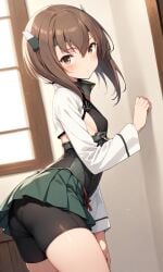 ai_generated ass bike_shorts brown_eyes brown_hair flat_chest fully_clothed headband kantai_collection medium_hair panties_visible_through_clothing pantylines pleated_skirt spats taihou_(kantai_collection)