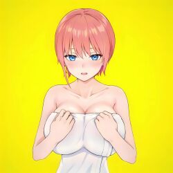 5girls ai_generated animated blue_eyes blush bouncing_breasts breast_jiggle breasts embarrassed female flashing go-toubun_no_hanayome large_breasts multiple_girls nakano_ichika nakano_itsuki nakano_miku nakano_nino nakano_yotsuba naked_towel nipples pitophee shirt_lift shorter_than_10_seconds shorter_than_30_seconds tagme towel undressing upper_body video