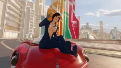 1girls 3d 3d_(artwork) blender car clothed fallout fallout_4 female gesture looking_at_viewer nqmiko01 tight_clothing vault_girl vault_suit zipper_down