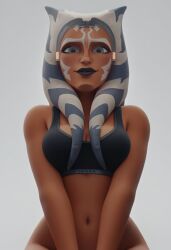 1girls ahsoka_tano ai_generated alien alien_girl bottomless breast_press breast_squeeze breasts breasts_pressed_together duchess_eugene eye_contact face_markings face_marks facial_mark facial_markings female female_only from_below gym_uniform headband headgear headwear lekku lekku_(anatomy) lipstick low-angle_view navel orange_body orange_skin solo sports_bra sportswear squeezing squeezing_breast star_wars:_the_clone_wars togruta tummy